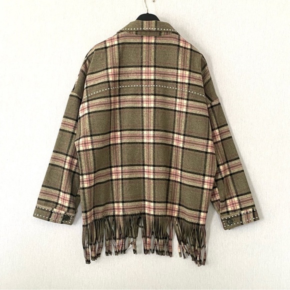 Zara Plaid Flannel Oversized Shacket with Fringe Hem and Studded Detailing - Picture 8 of 13